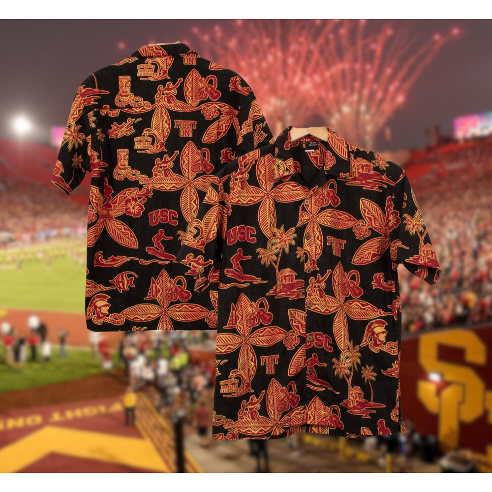 USC Team Trojans NCAA Luau Hawaiian Surfing Print Button Up Casual Shirt Sz. M